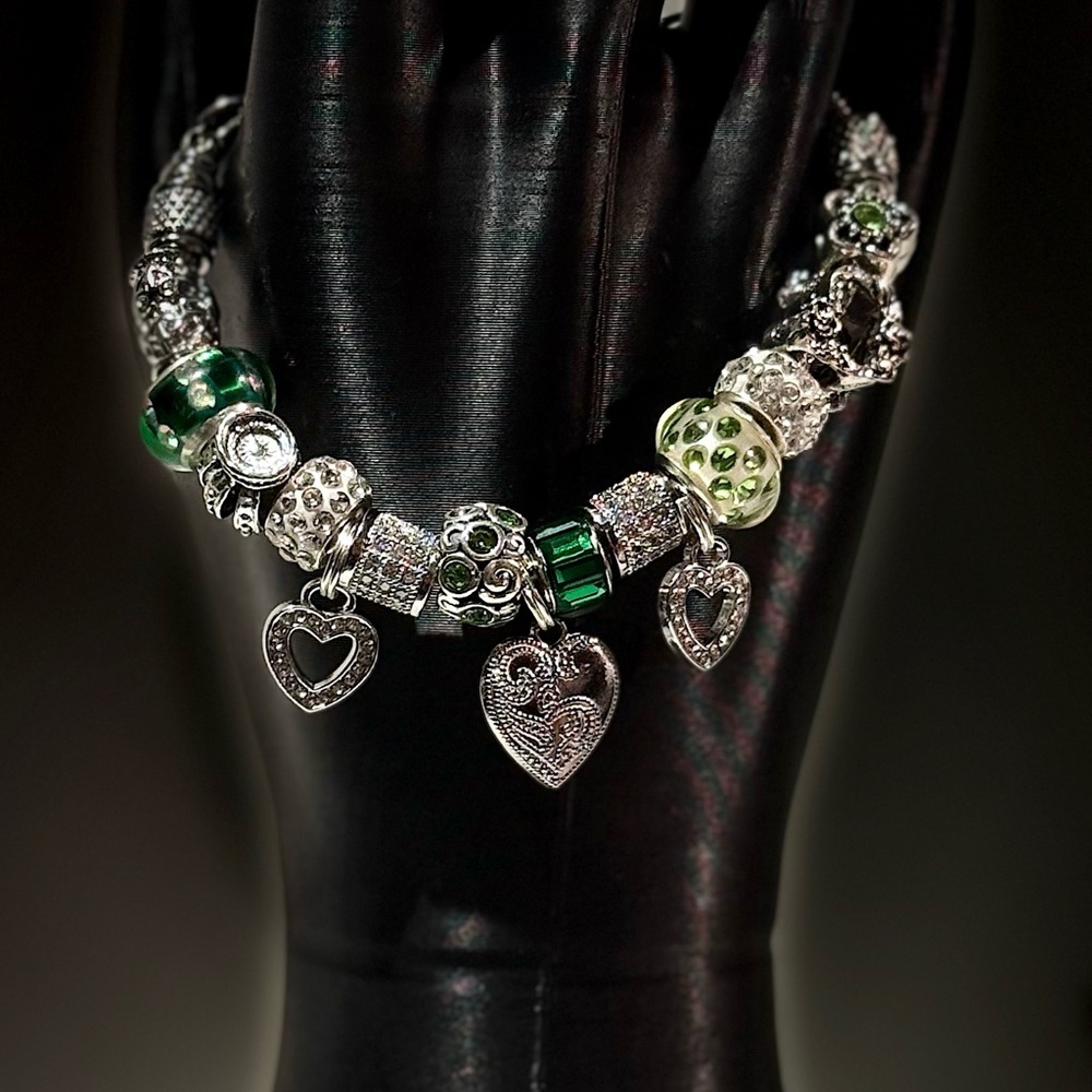 Elegant Silver and Green Charm Bracelet